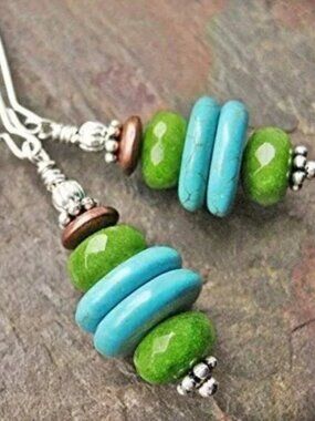 Gemstone Earrings, Jade & Turquoise, Sterling Silver, Leverback, Stamped 925